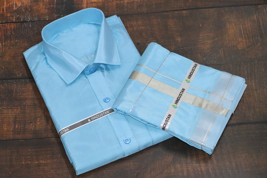 Artsilk Sea Blue Shirt + Sea Blue Dhoti with 50k Silver Border Set