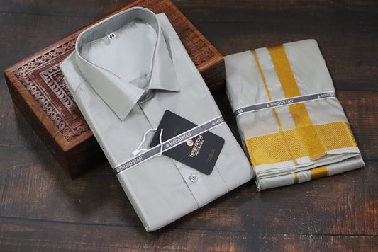 Artsilk Smoke Grey Shirt + Smoke Grey Dhoti with 100k Gold Border
