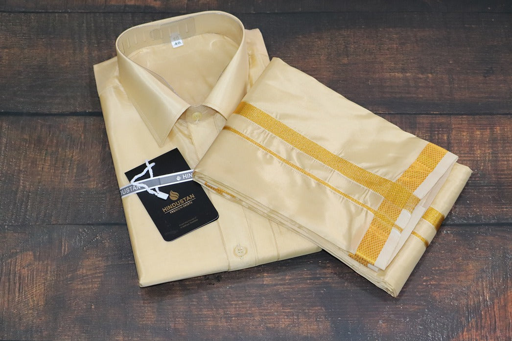 Artsilk Bright Gold Shirt + Dhoti with 50k Gold Border