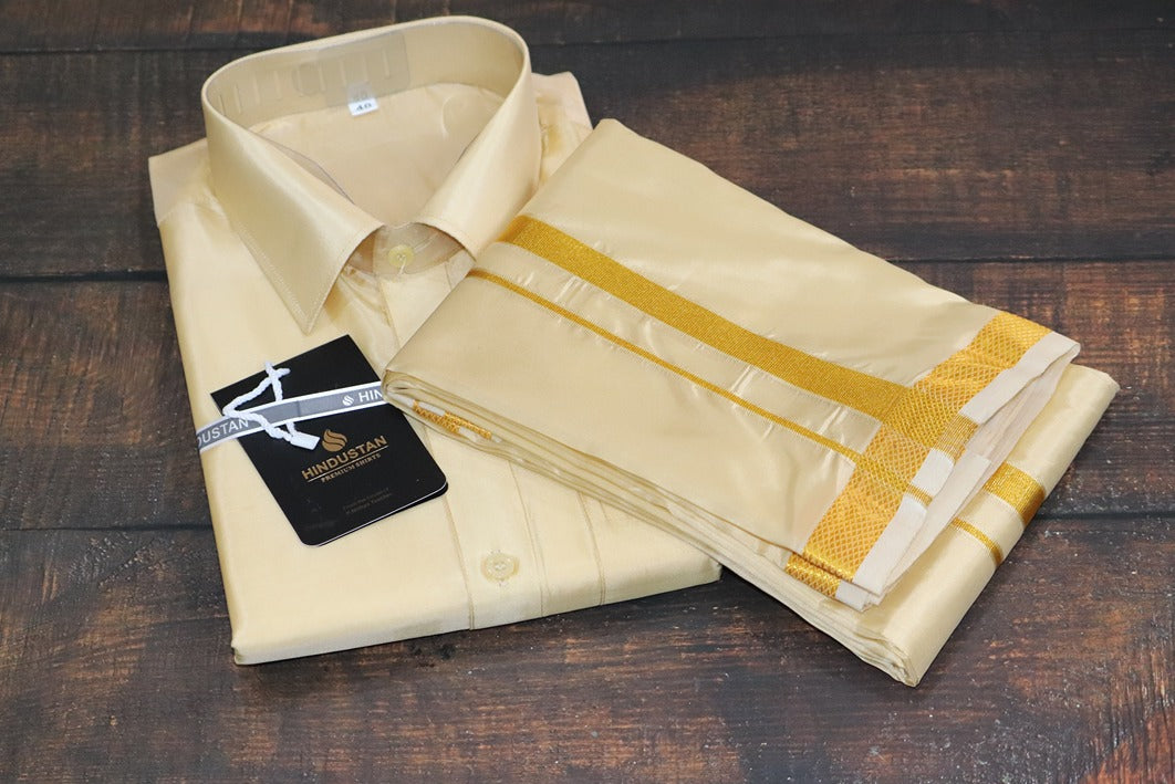 Artsilk Bright Gold Shirt + Dhoti with 50k Gold Border