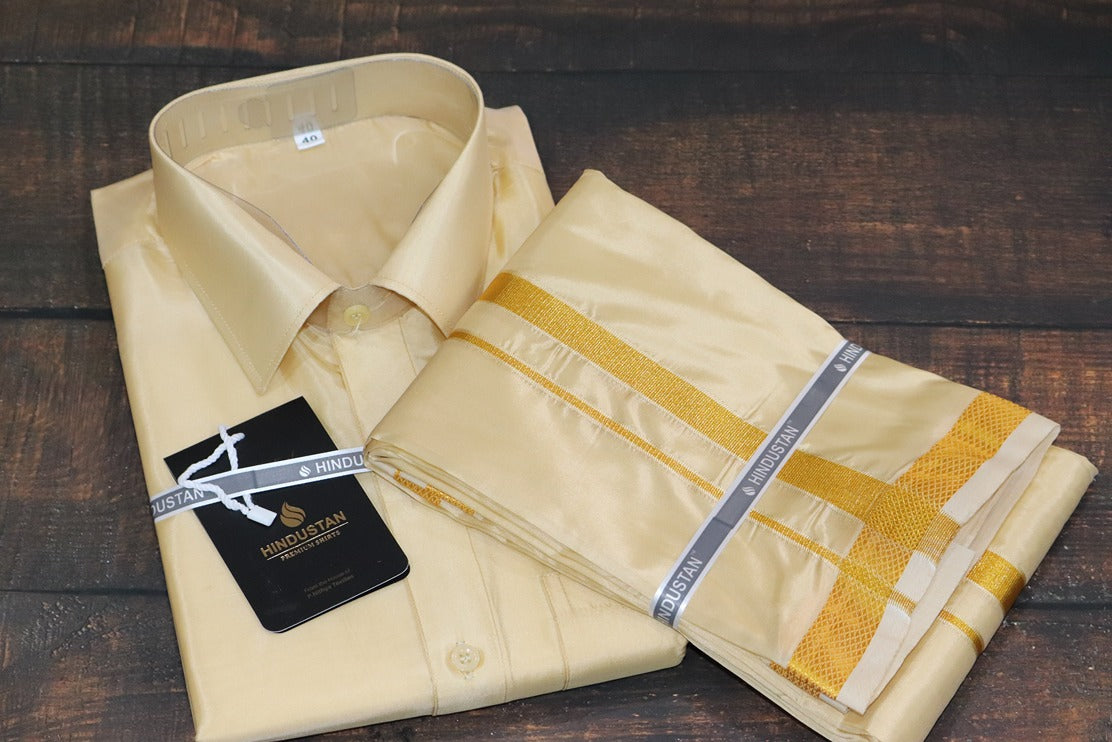 Artsilk Bright Gold Shirt + Dhoti with 50k Gold Border
