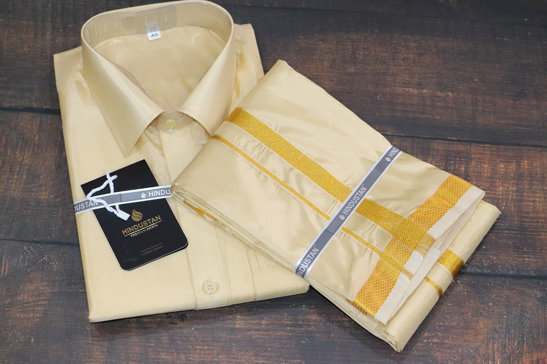 Artsilk Bright Gold Shirt + Dhoti with 50k Gold Border