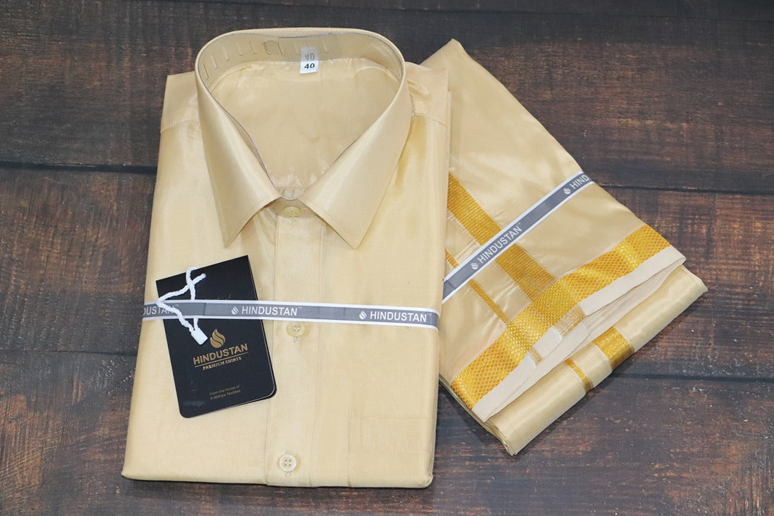 Artsilk Bright Gold Shirt + Dhoti with 50k Gold Border