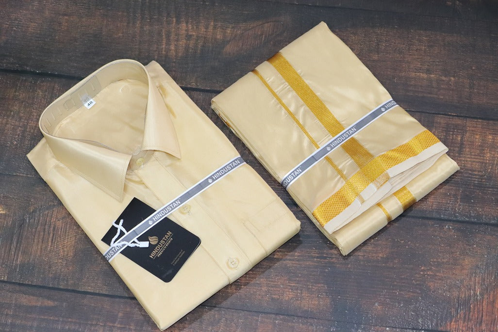 Artsilk Bright Gold Shirt + Dhoti with 50k Gold Border