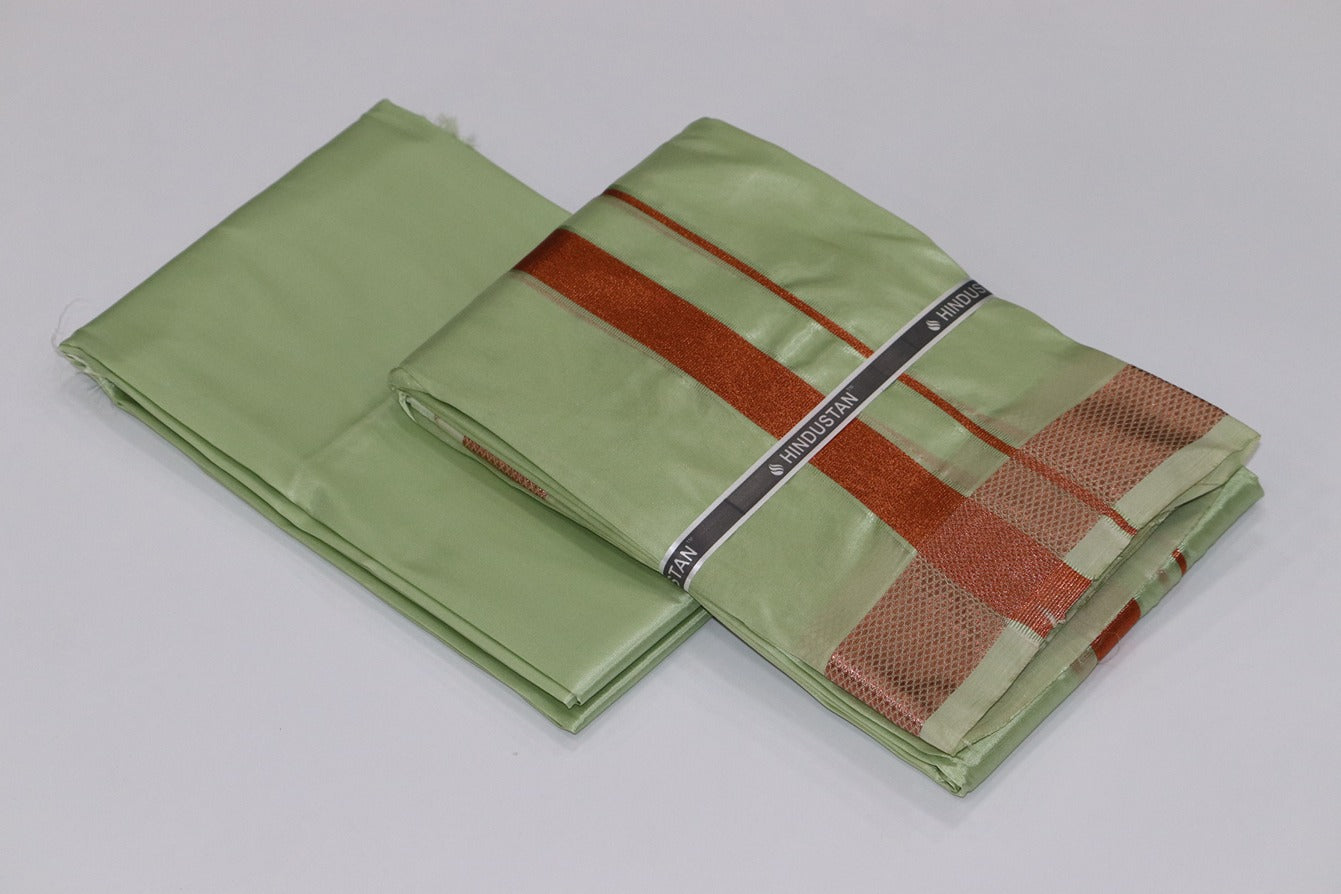 Artsilk Crystal Green Shirt Fabric + Dhoti with 80k Copper Border