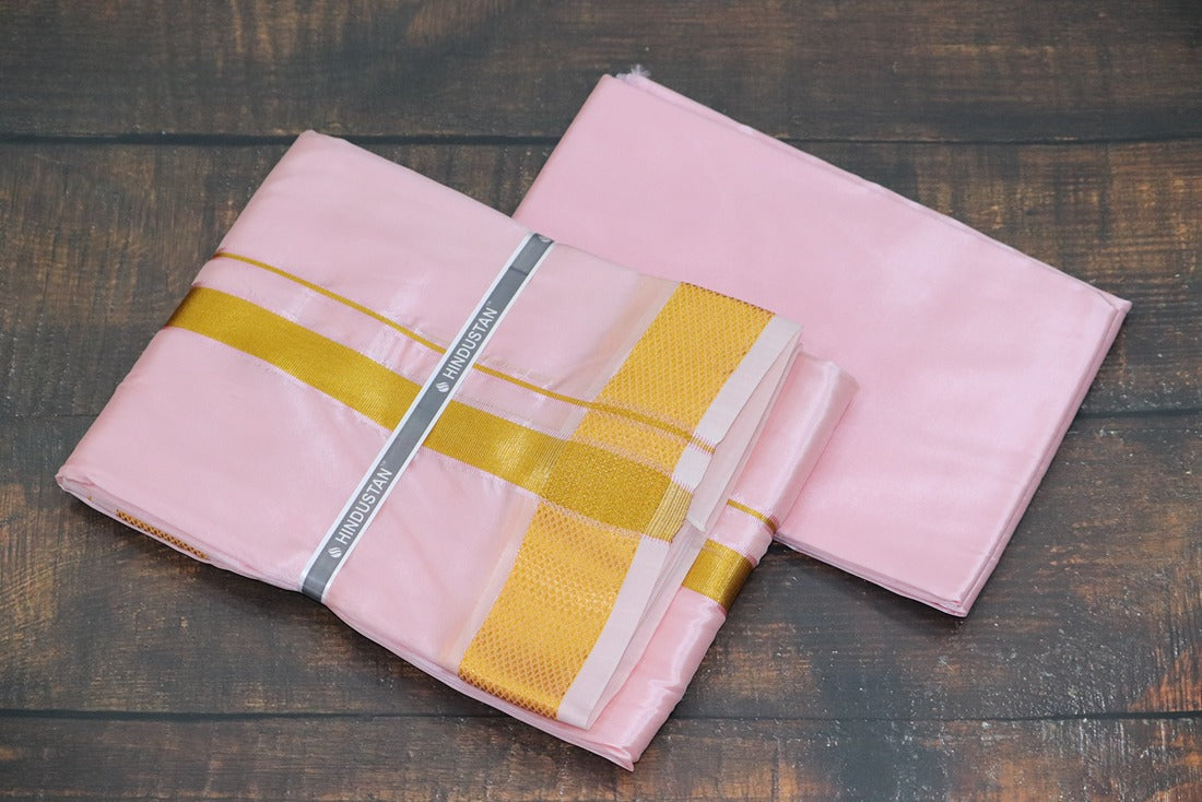 Artsilk Baby Pink Shirt Fabric + Dhoti with 80k Jari Border