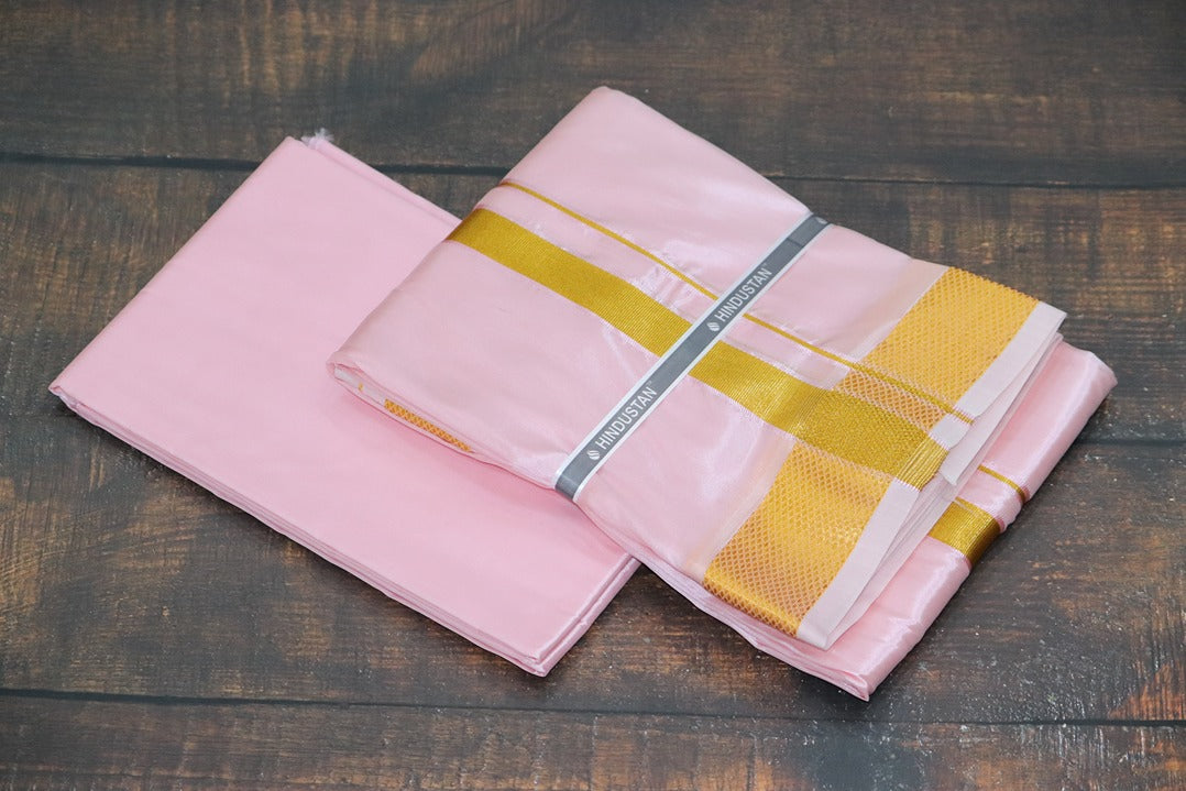 Artsilk Baby Pink Shirt Fabric + Dhoti with 80k Jari Border