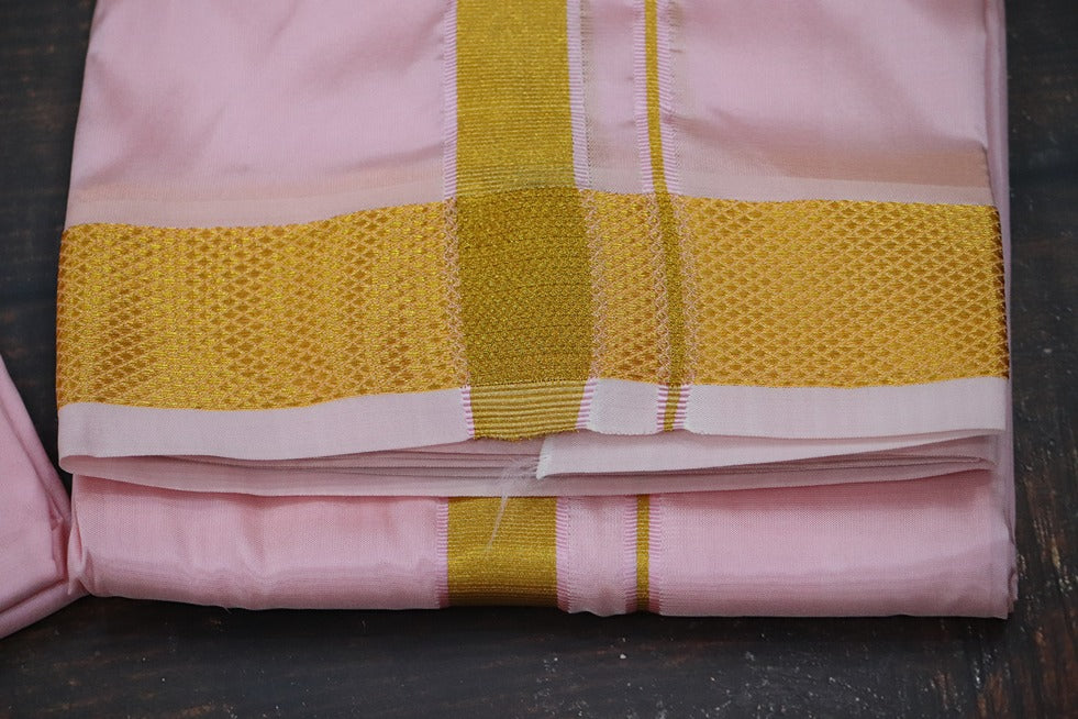 Artsilk Baby Pink Shirt Fabric + Dhoti with 80k Jari Border