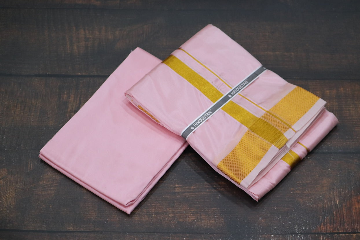 Artsilk Baby Pink Shirt Fabric + Dhoti with 80k Jari Border