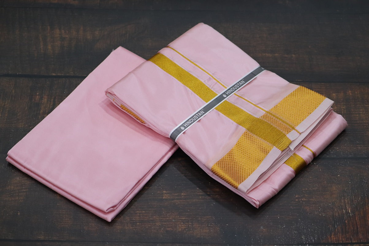 Artsilk Baby Pink Shirt Fabric + Dhoti with 80k Jari Border