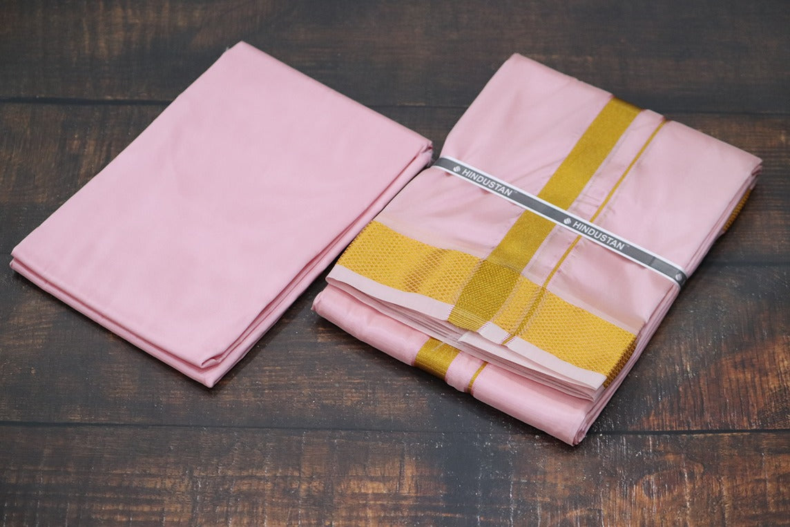 Artsilk Baby Pink Shirt Fabric + Dhoti with 80k Jari Border