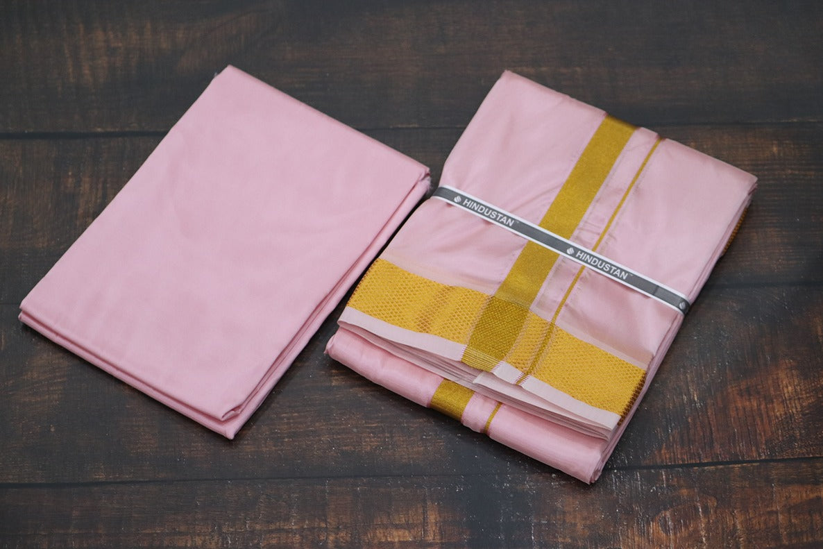 Artsilk Baby Pink Shirt Fabric + Dhoti with 80k Jari Border