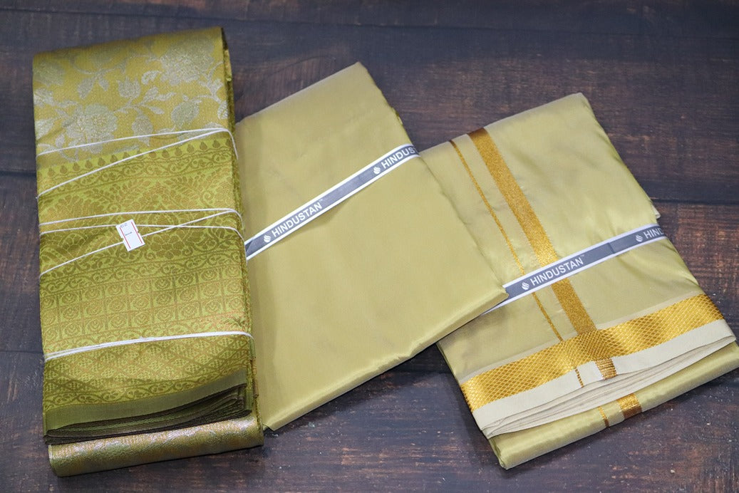 Raja Rani Artsilk Pure Gold Shirt Material +50k Gold Border & Saree Combo