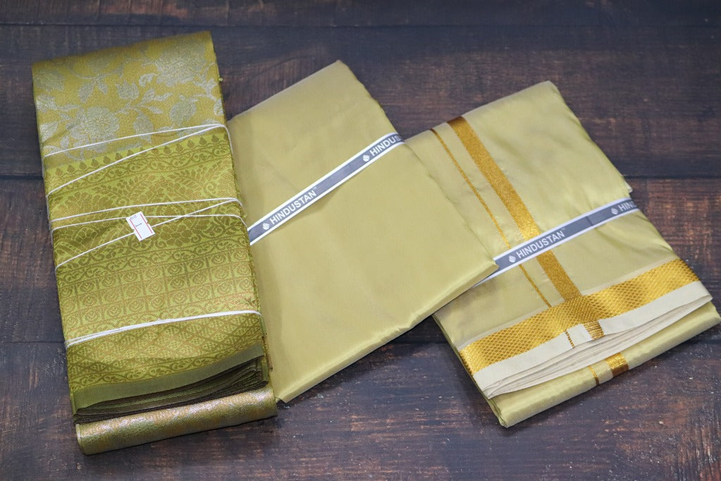 Raja Rani Artsilk Pure Gold Shirt Material +50k Gold Border & Saree Combo