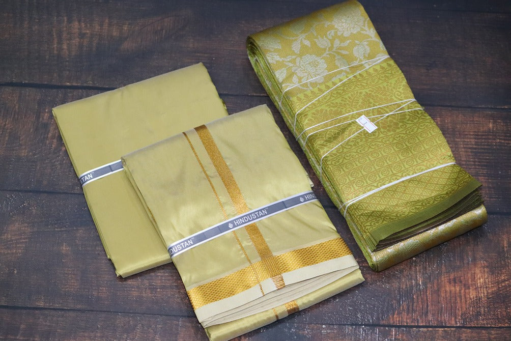 Raja Rani Artsilk Pure Gold Shirt Material +50k Gold Border & Saree Combo