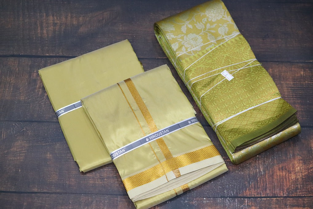 Raja Rani Artsilk Pure Gold Shirt Material +50k Gold Border & Saree Combo