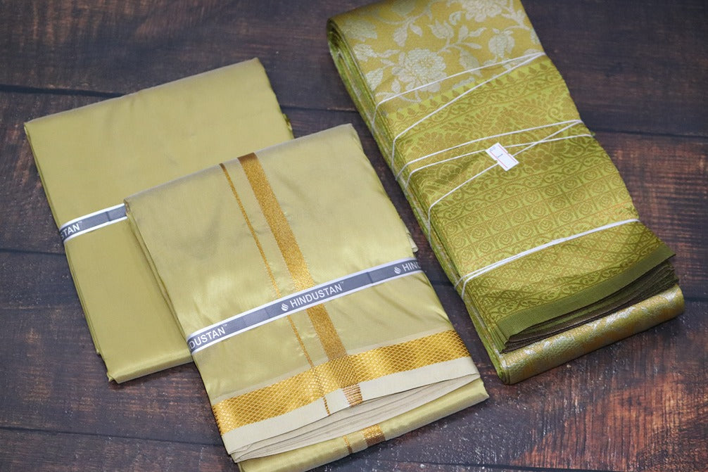 Raja Rani Artsilk Pure Gold Shirt Material +50k Gold Border & Saree Combo