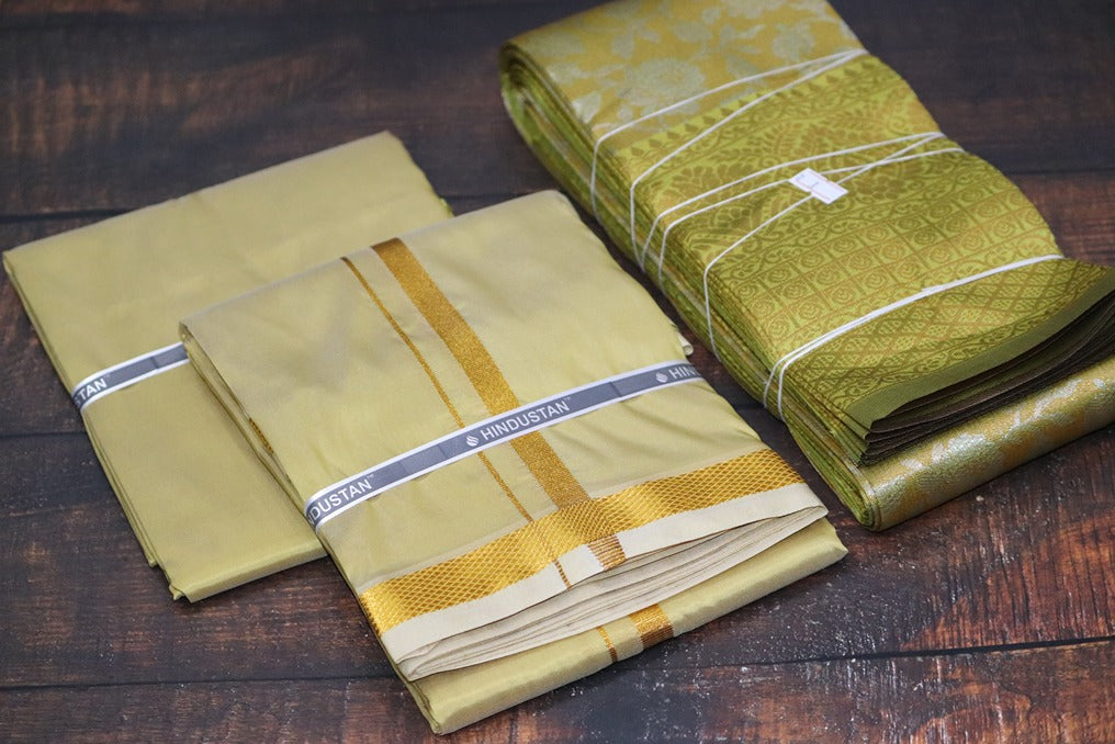 Raja Rani Artsilk Pure Gold Shirt Material +50k Gold Border & Saree Combo