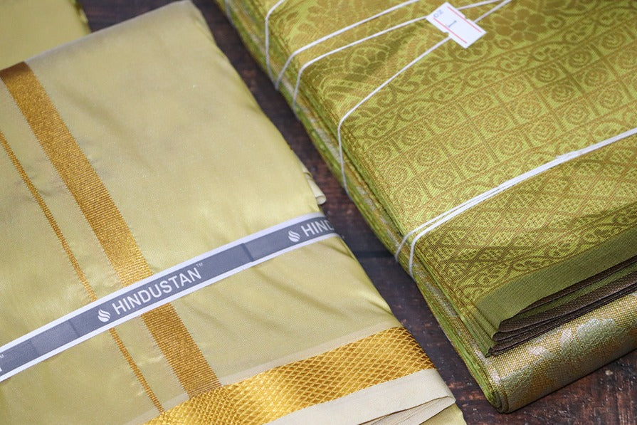 Raja Rani Artsilk Pure Gold Shirt Material +50k Gold Border & Saree Combo