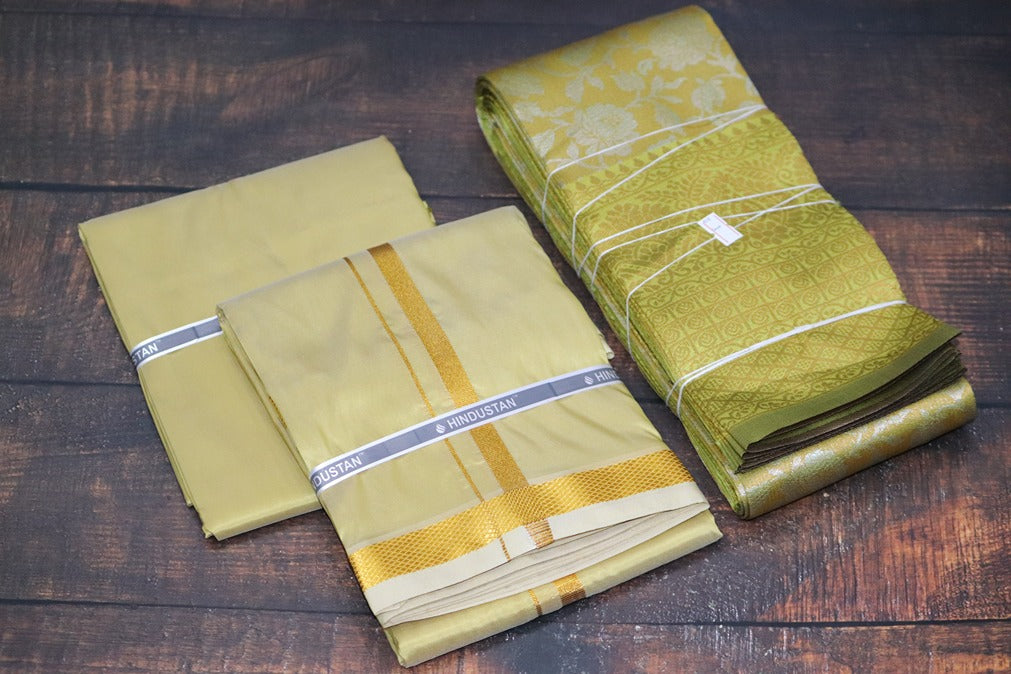 Raja Rani Artsilk Pure Gold Shirt Material +50k Gold Border & Saree Combo