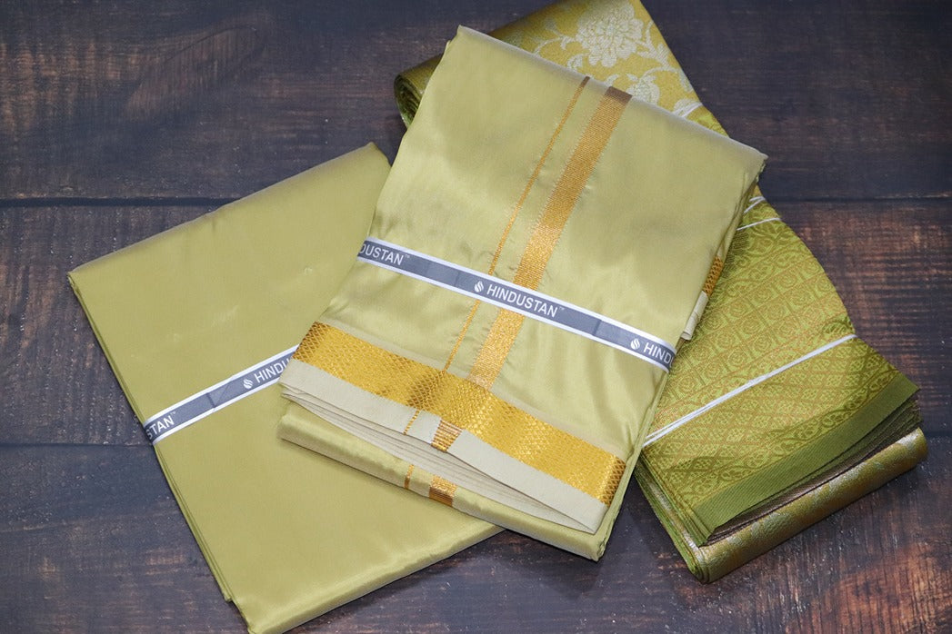 Raja Rani Artsilk Pure Gold Shirt Material +50k Gold Border & Saree Combo