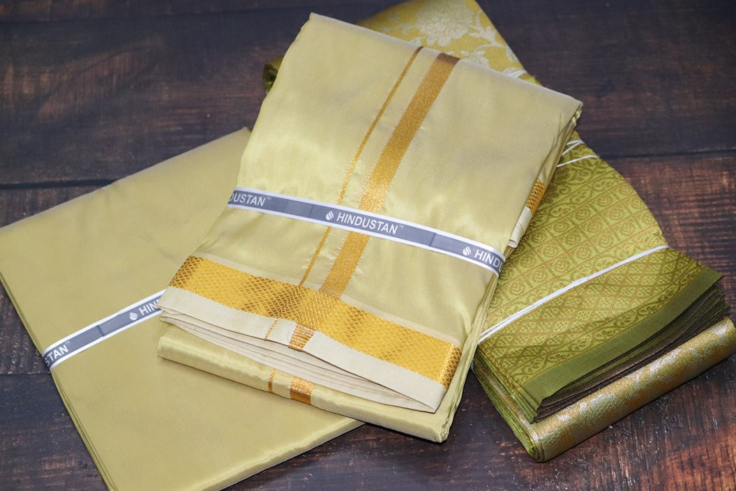 Raja Rani Artsilk Pure Gold Shirt Material +50k Gold Border & Saree Combo