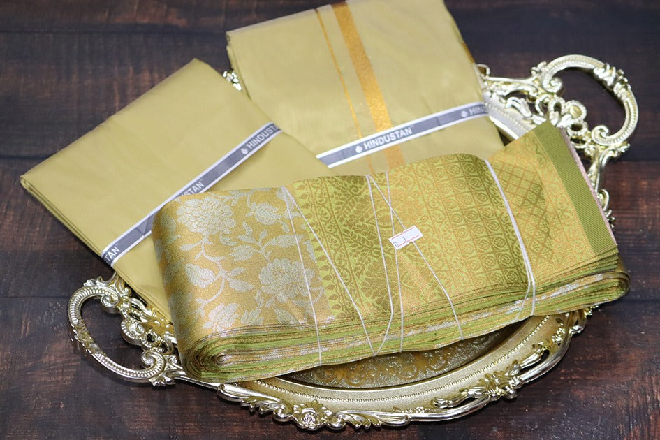 Raja Rani Artsilk Pure Gold Shirt Material +50k Gold Border & Saree Combo