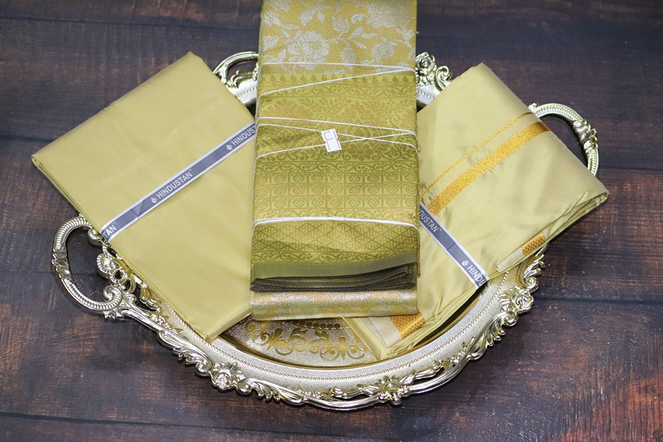 Raja Rani Artsilk Pure Gold Shirt Material +50k Gold Border & Saree Combo