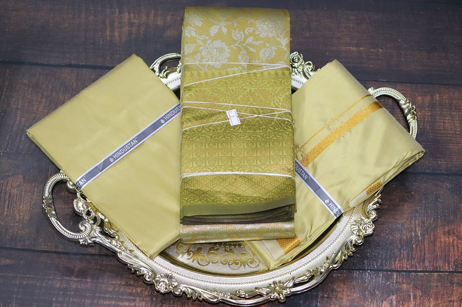 Raja Rani Artsilk Pure Gold Shirt Material +50k Gold Border & Saree Combo