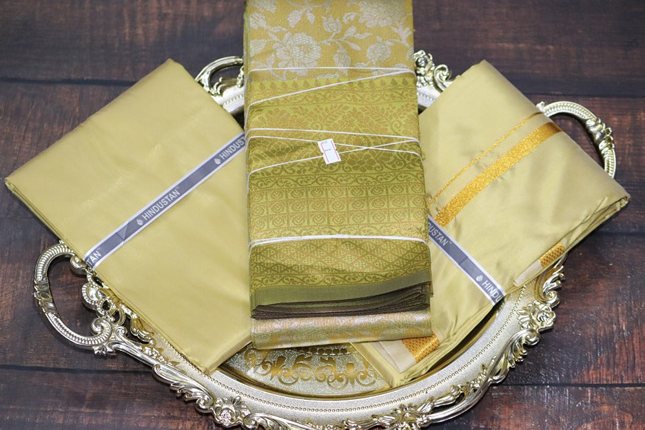 Raja Rani Artsilk Pure Gold Shirt Material +50k Gold Border & Saree Combo