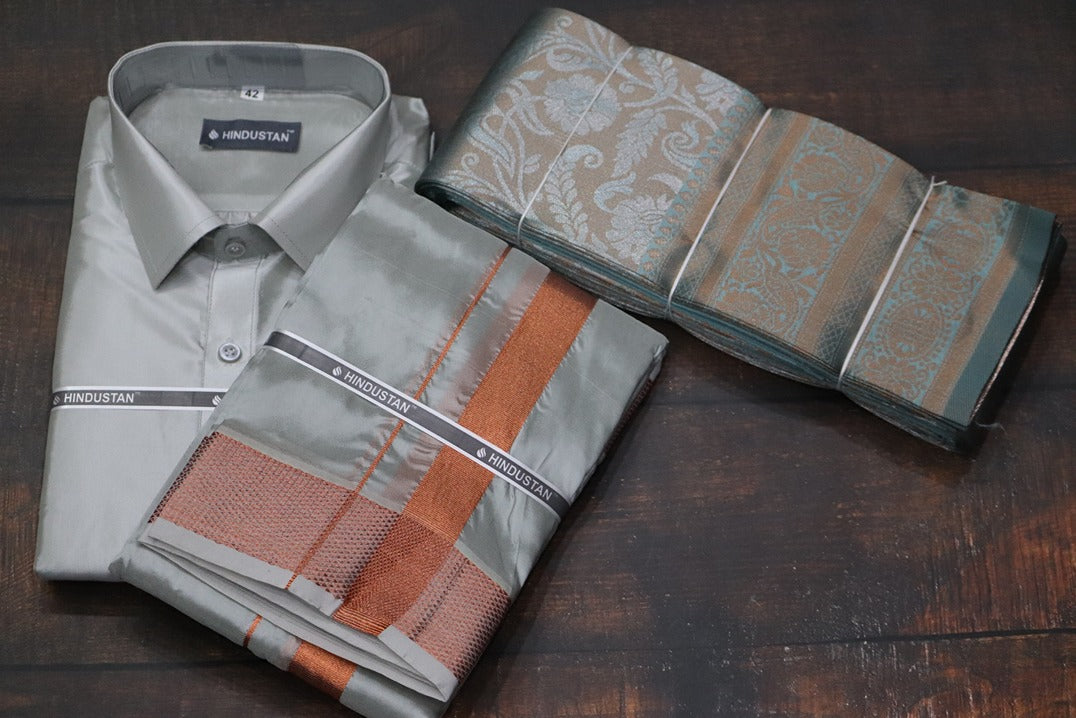 Raja Rani Readymade Smoke Grey Shirt +100k Copper Border & Saree Combo