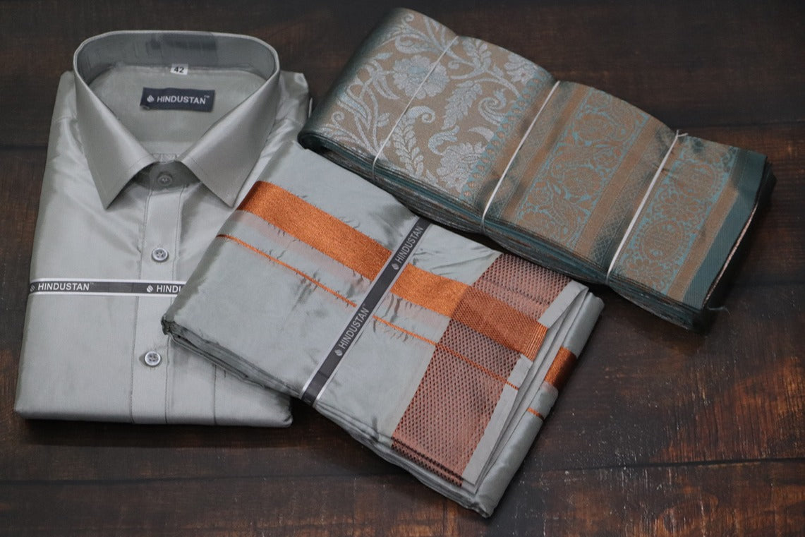 Raja Rani Readymade Smoke Grey Shirt +100k Copper Border & Saree Combo