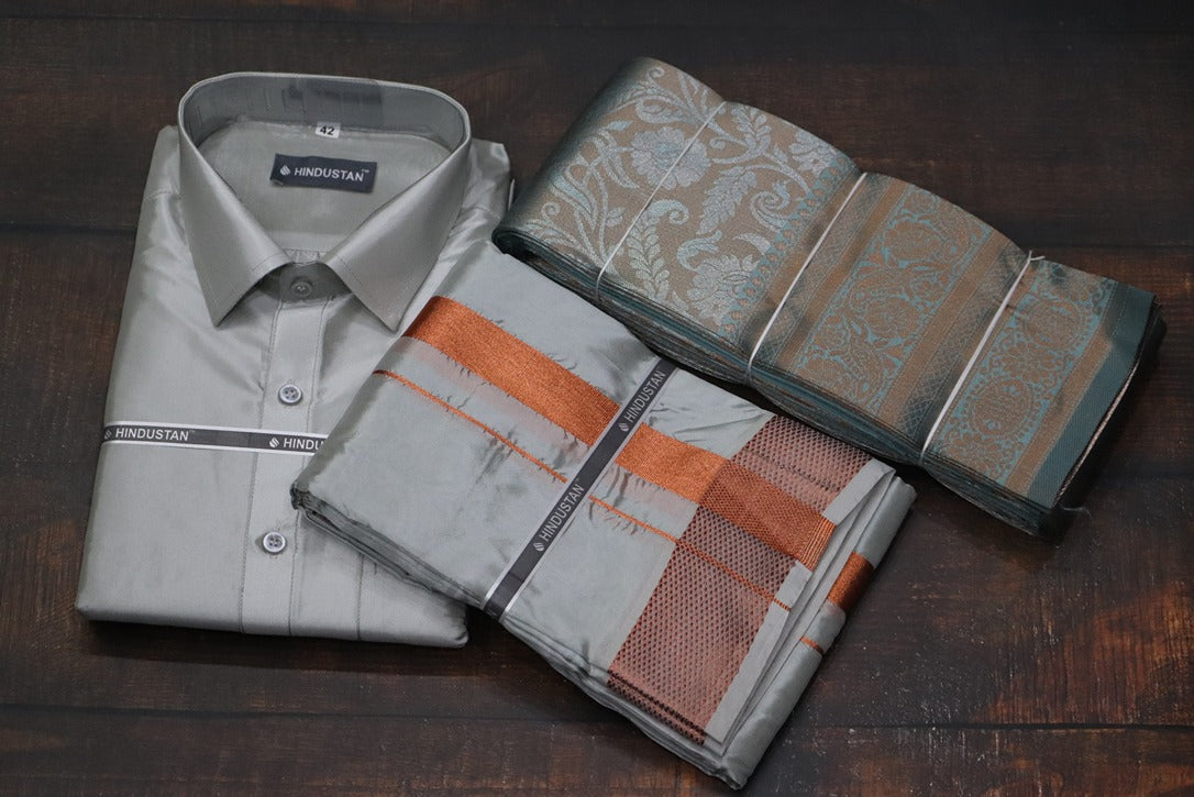 Raja Rani Readymade Smoke Grey Shirt +100k Copper Border & Saree Combo