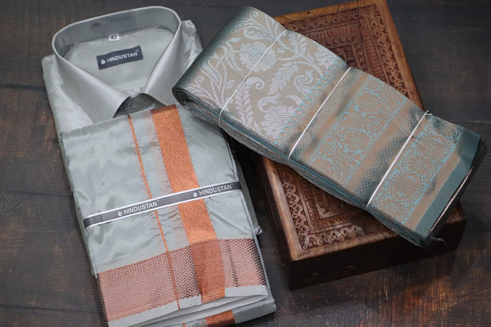 Raja Rani Readymade Smoke Grey Shirt +100k Copper Border & Saree Combo