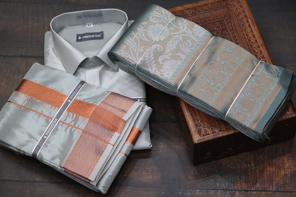 Raja Rani Readymade Smoke Grey Shirt +100k Copper Border & Saree Combo