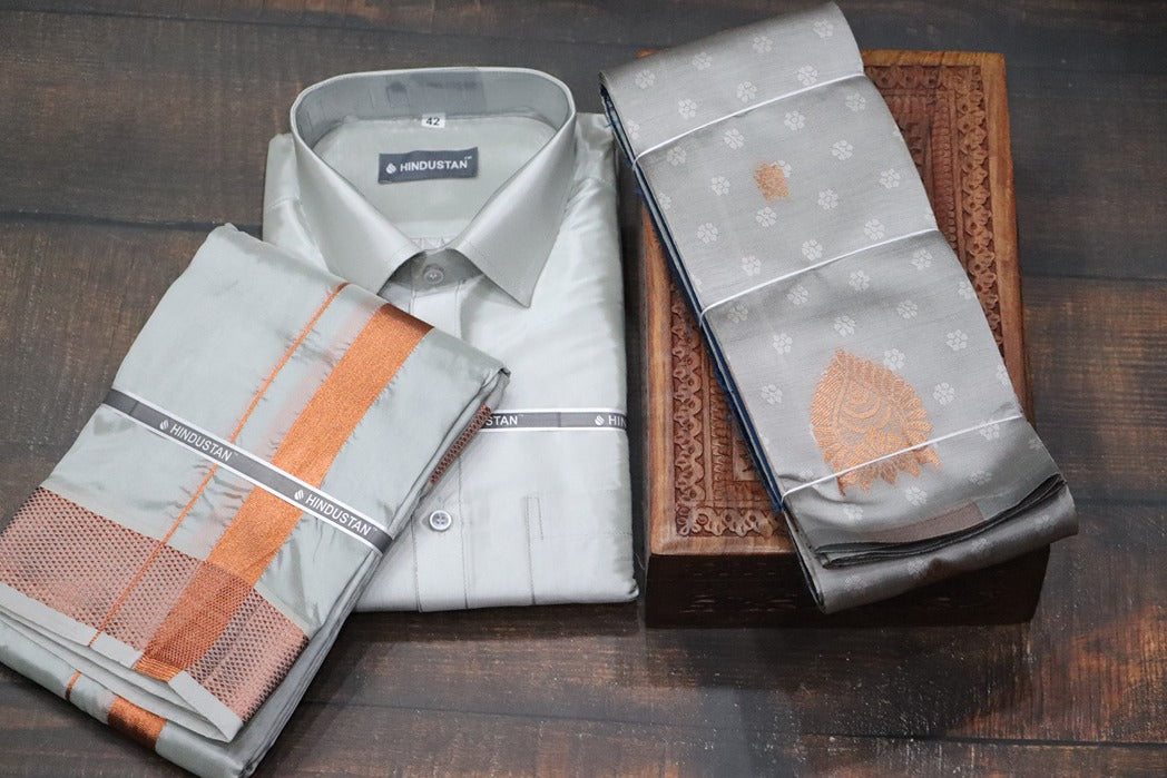 Raja Rani Readymade Smoke Grey Shirt +100k Copper Border & Saree Combo