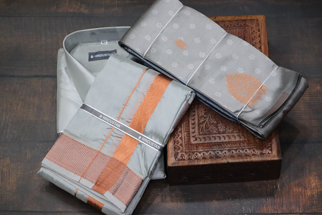 Raja Rani Readymade Smoke Grey Shirt +100k Copper Border & Saree Combo