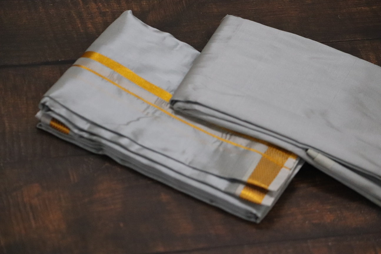 Artsilk Shadow Cement Combo Set (Shirt Fabric+Dhoti) with Gold Border