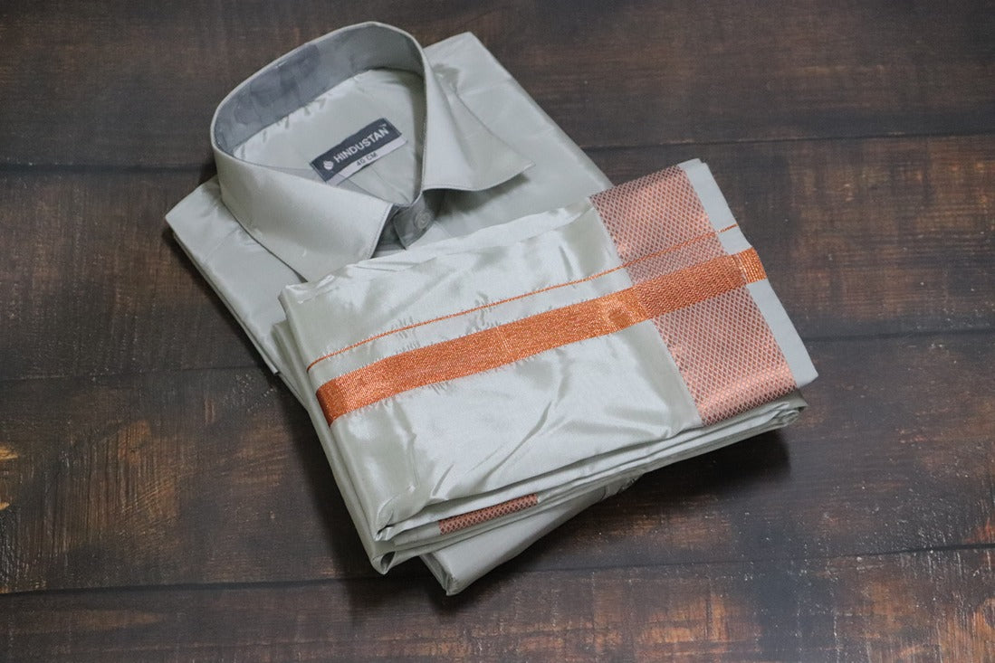 Artsilk Smoke Grey Shirt + Grey Dhoti with 100k Copper Border