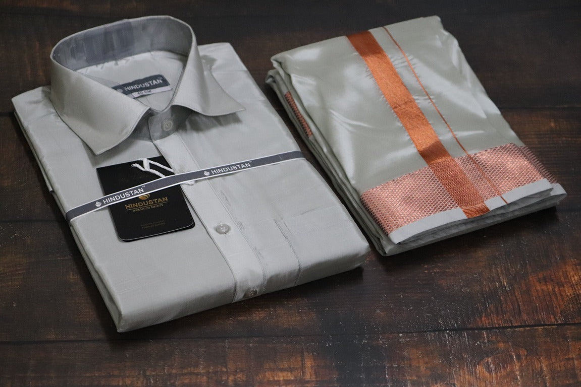 Artsilk Smoke Grey Shirt + Grey Dhoti with 100k Copper Border