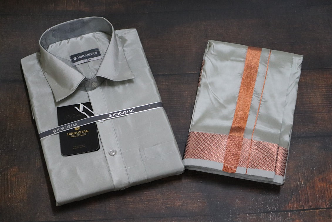 Artsilk Smoke Grey Shirt + Grey Dhoti with 100k Copper Border