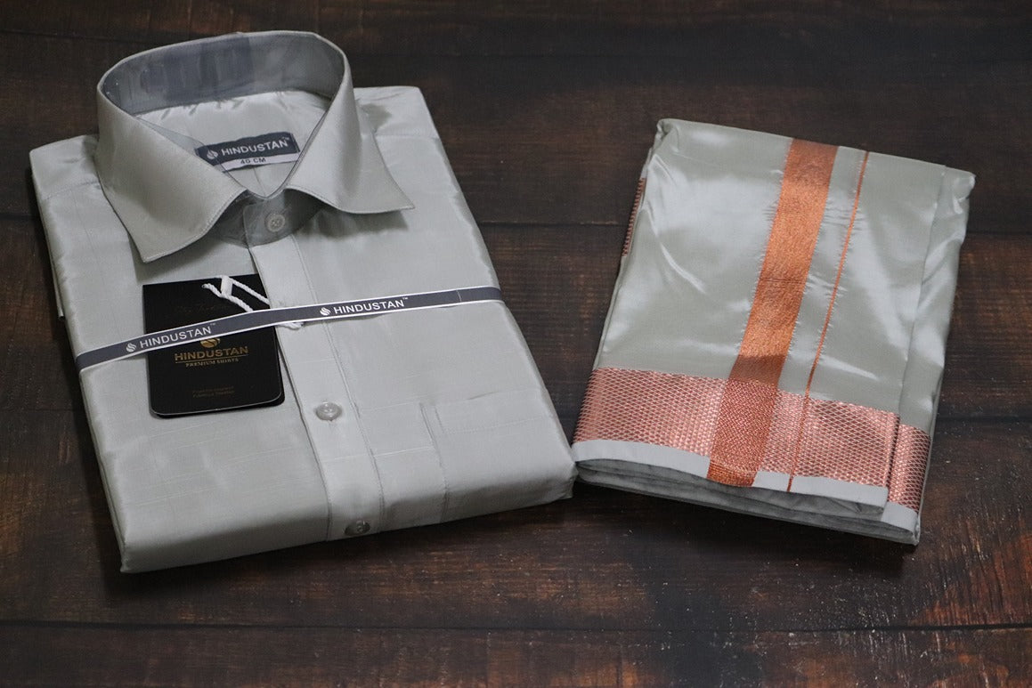 Artsilk Smoke Grey Shirt + Grey Dhoti with 100k Copper Border