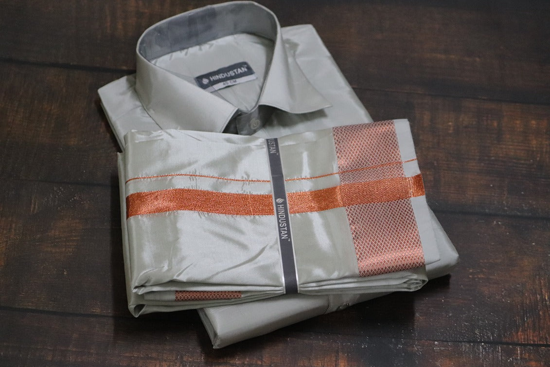 Artsilk Smoke Grey Shirt + Grey Dhoti with 100k Copper Border