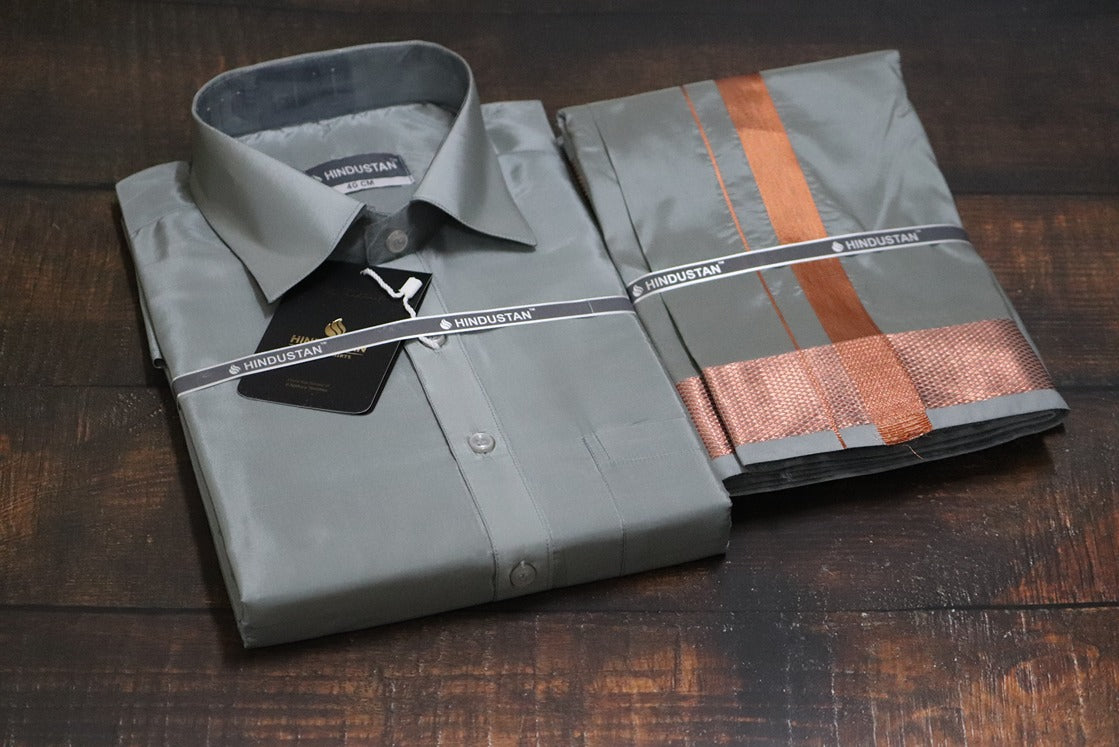 Artsilk Steel Grey Shirt + Grey Dhoti with 100k Copper Border