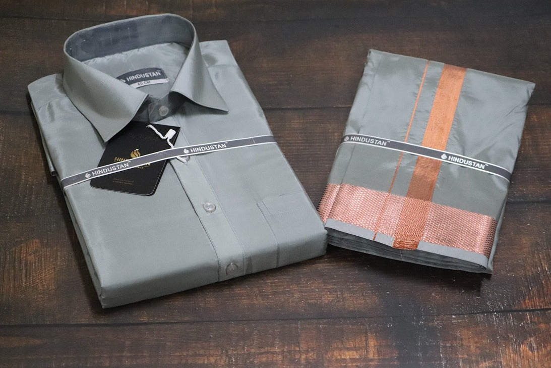 Artsilk Steel Grey Shirt + Grey Dhoti with 100k Copper Border