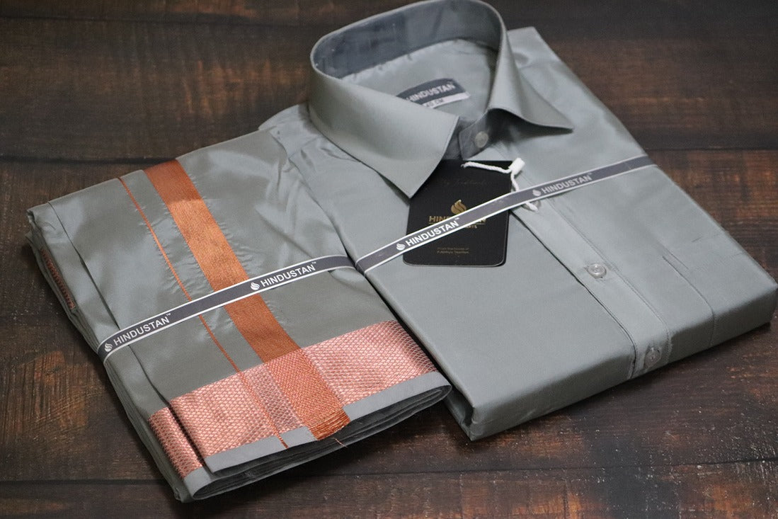 Artsilk Steel Grey Shirt + Grey Dhoti with 100k Copper Border