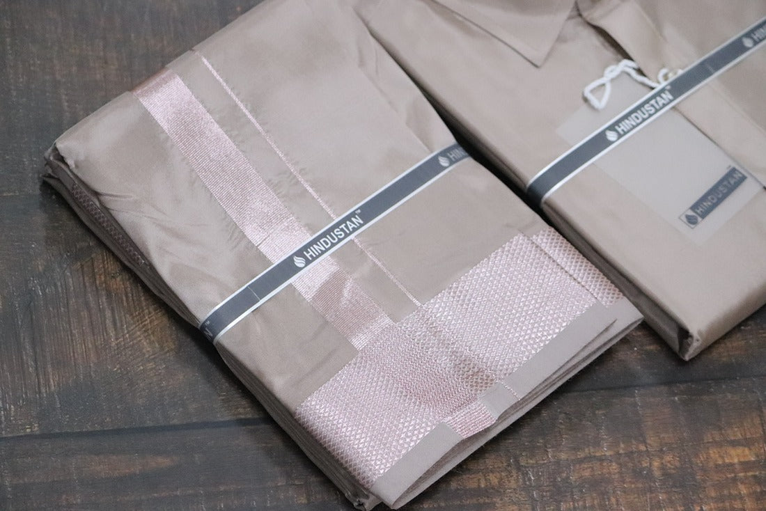 Artsilk Sandstone Shirt + Sandstone Dhoti with 100k Onion Silver Border