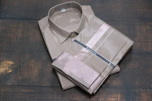Artsilk Sandstone Shirt + Sandstone Dhoti with 100k Onion Silver Border