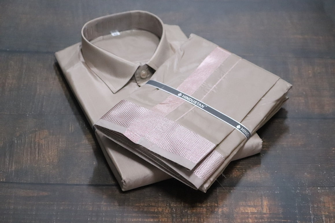 Artsilk Sandstone Shirt + Sandstone Dhoti with 100k Onion Silver Border