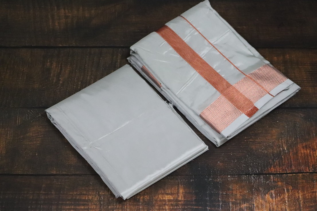 Artsilk Smoke Grey Combo Set (Shirt Fabric+Dhoti) with 100k Copper Border